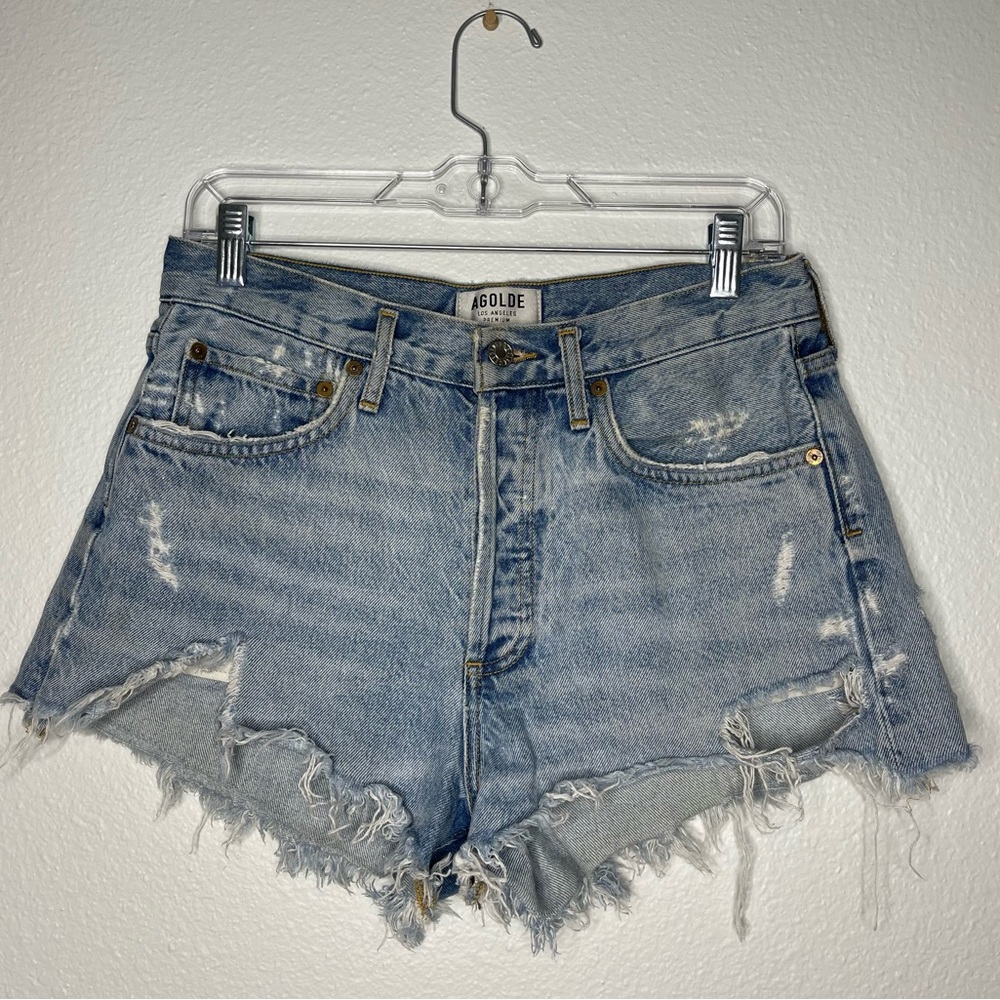 Agolde Parker Light Wash Distressed Cutoff Button Fly Denim Jean Shorts Size 27